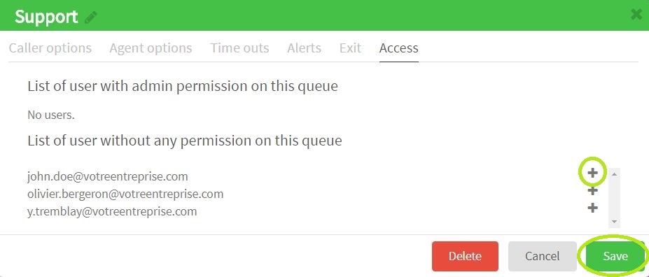 Save new access to call queues